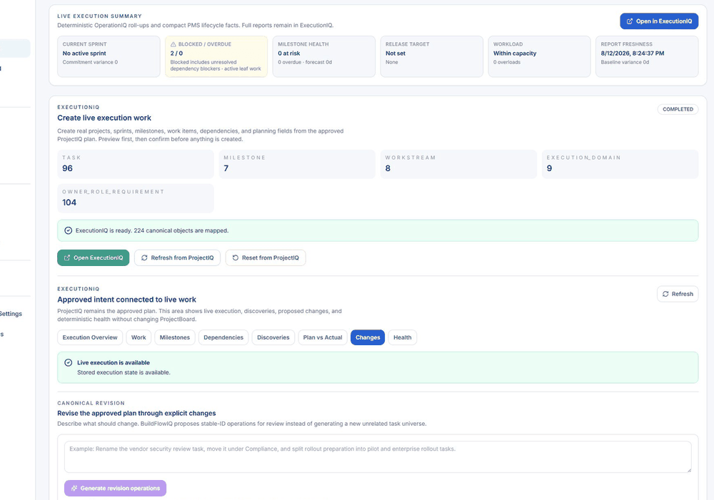 BuildFlowIQ Changes showing explicit revision operations against the approved ProjectIQ plan.