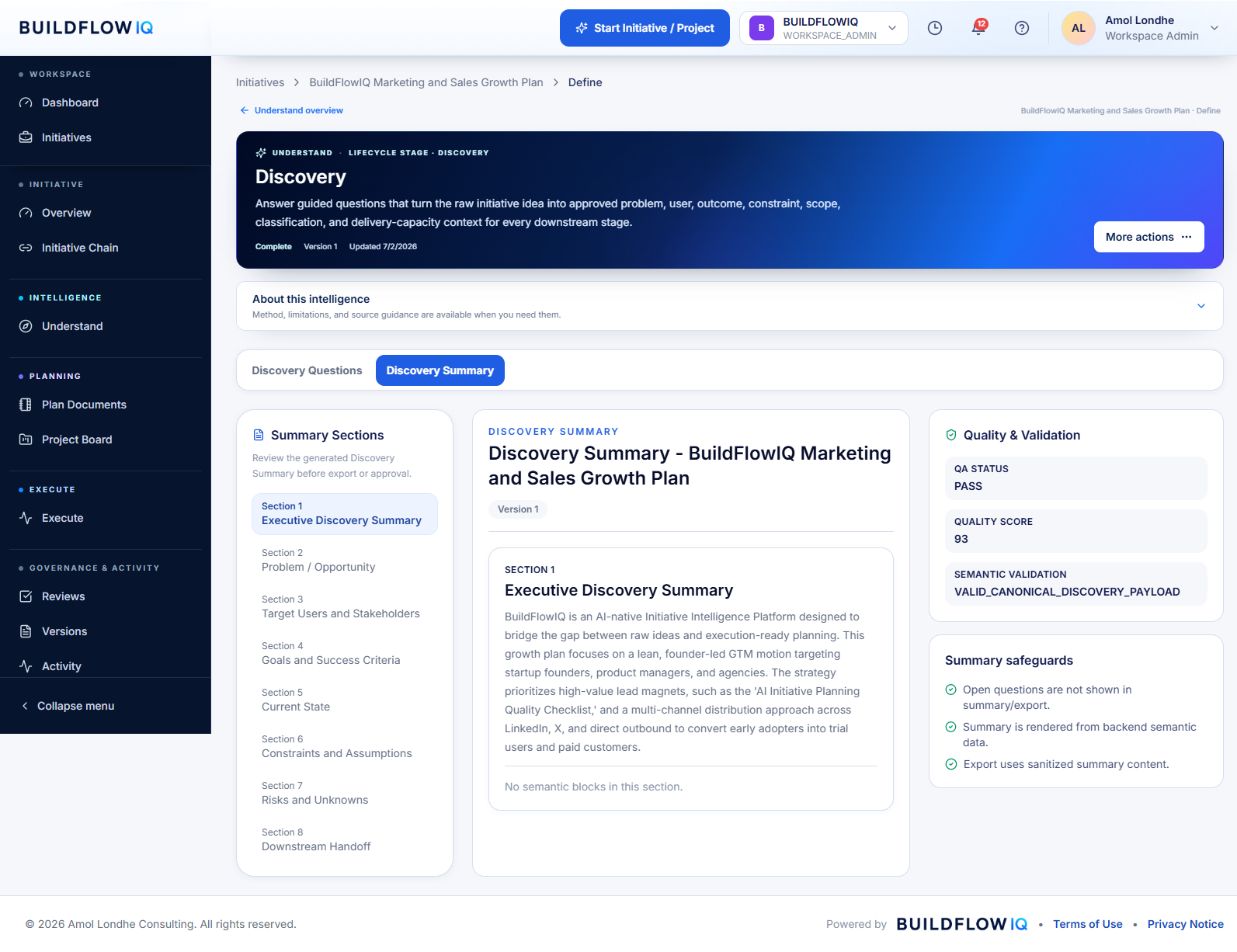 BuildFlowIQ Discovery showing guided questions, initiative lifecycle status and answer progress.