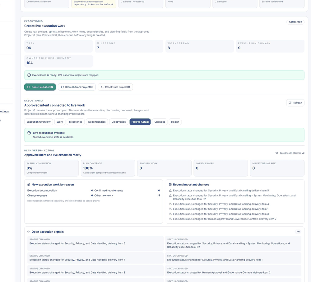 BuildFlowIQ Plan vs Actual showing approved intent beside live execution reality and change signals.