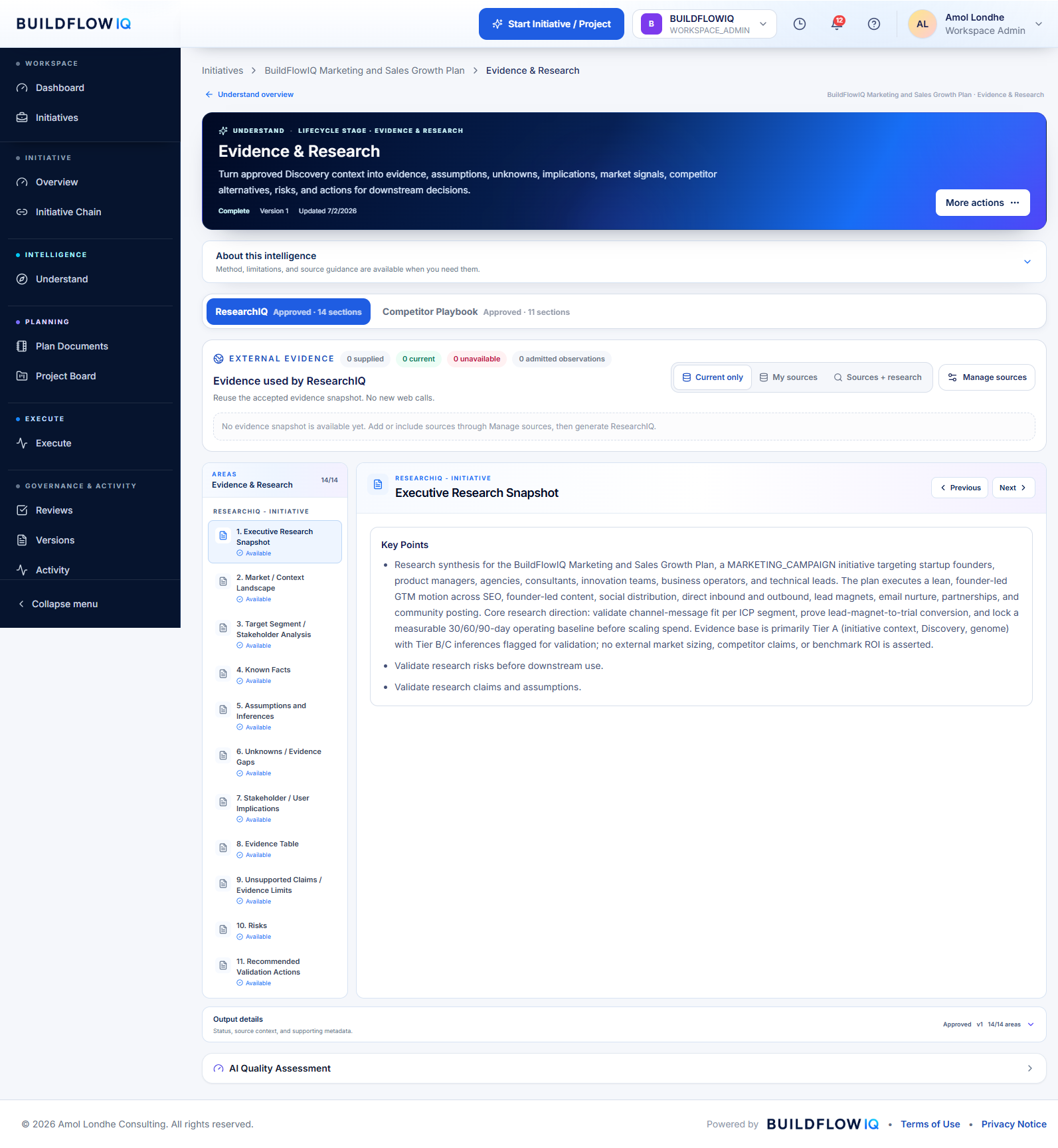 BuildFlowIQ ResearchIQ showing structured research output, evidence controls and review context.
