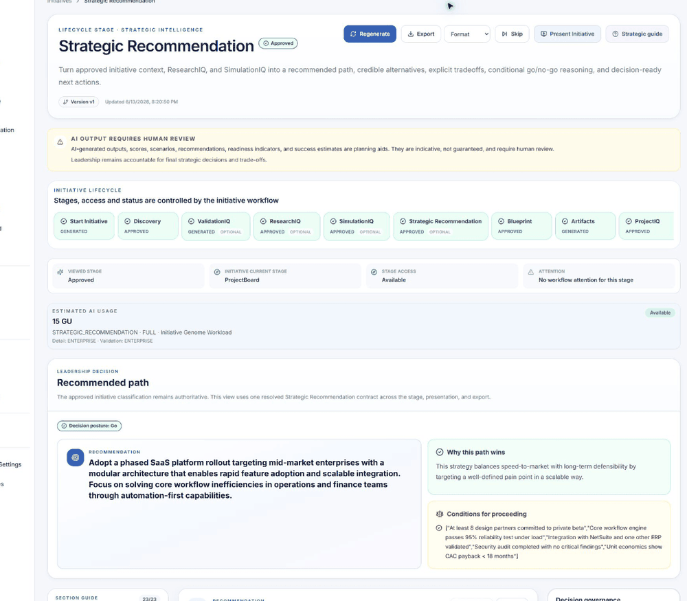 BuildFlowIQ Strategic Recommendation showing the recommended path, conditions and review context.
